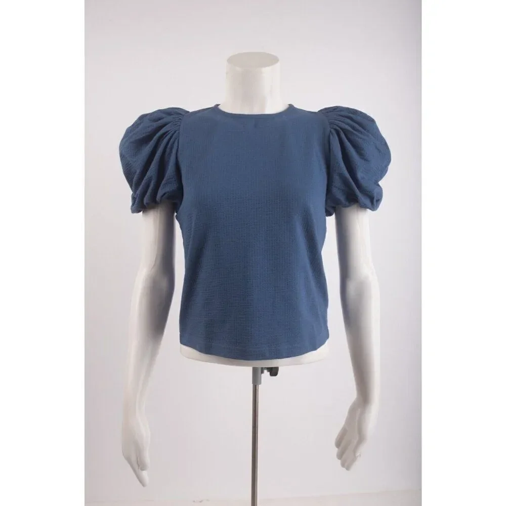 Boden Womens Jersey Shirt Top UK 10 US 6 Blue Puff Sleeve t1138 NWT